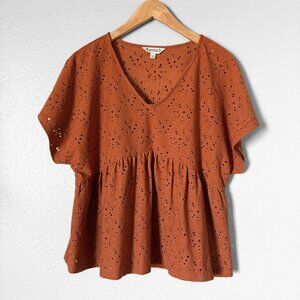 Nanette Lepore Eyelet Rust Orange Peplum Blouse Womens Large Babydoll Boho Y2K